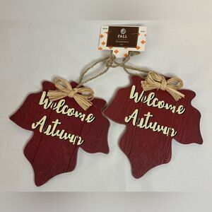 Fall Autumn Thanksgiving Wood Ornaments Door Hanger Set 2 Leaf Harvest Decor New
